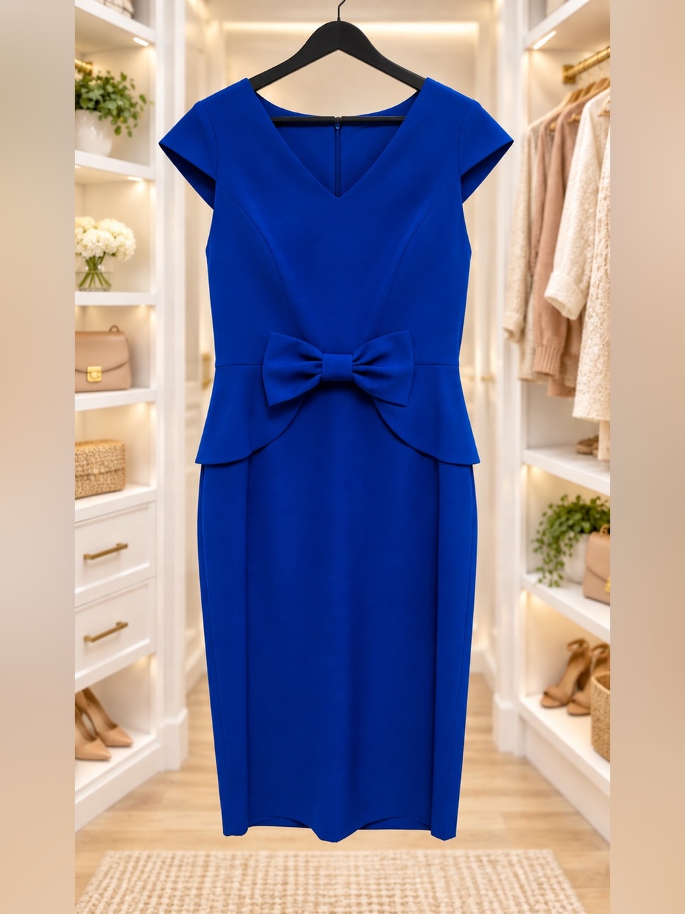 TAHARI Elegant Royal Blue Bow-Accent Sheath Dress - Size 12